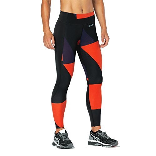 2XU Womens Fitness Compression Tights W/Storage, Dark Charcoal/Tomato Jagged Block, Large