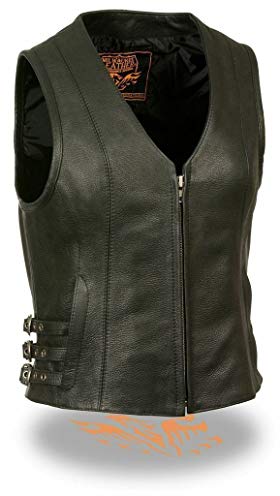 Milwaukee Women's Motorcycle Sexy 3 Side Buckles Leather Vest W/Gun Pocket Zip Closure